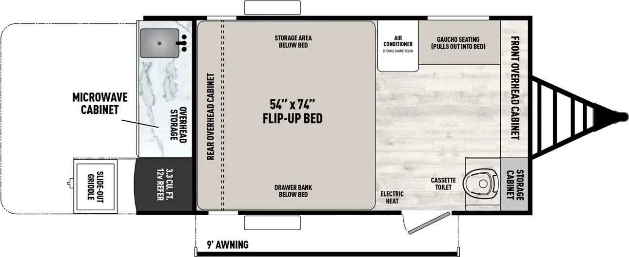 The Clipper 9000 Series & 12000 Series 12000ROK floorplan has one entry and zero slide outs. Exterior features include: metal exterior, 9' awning and outside kitchen. 